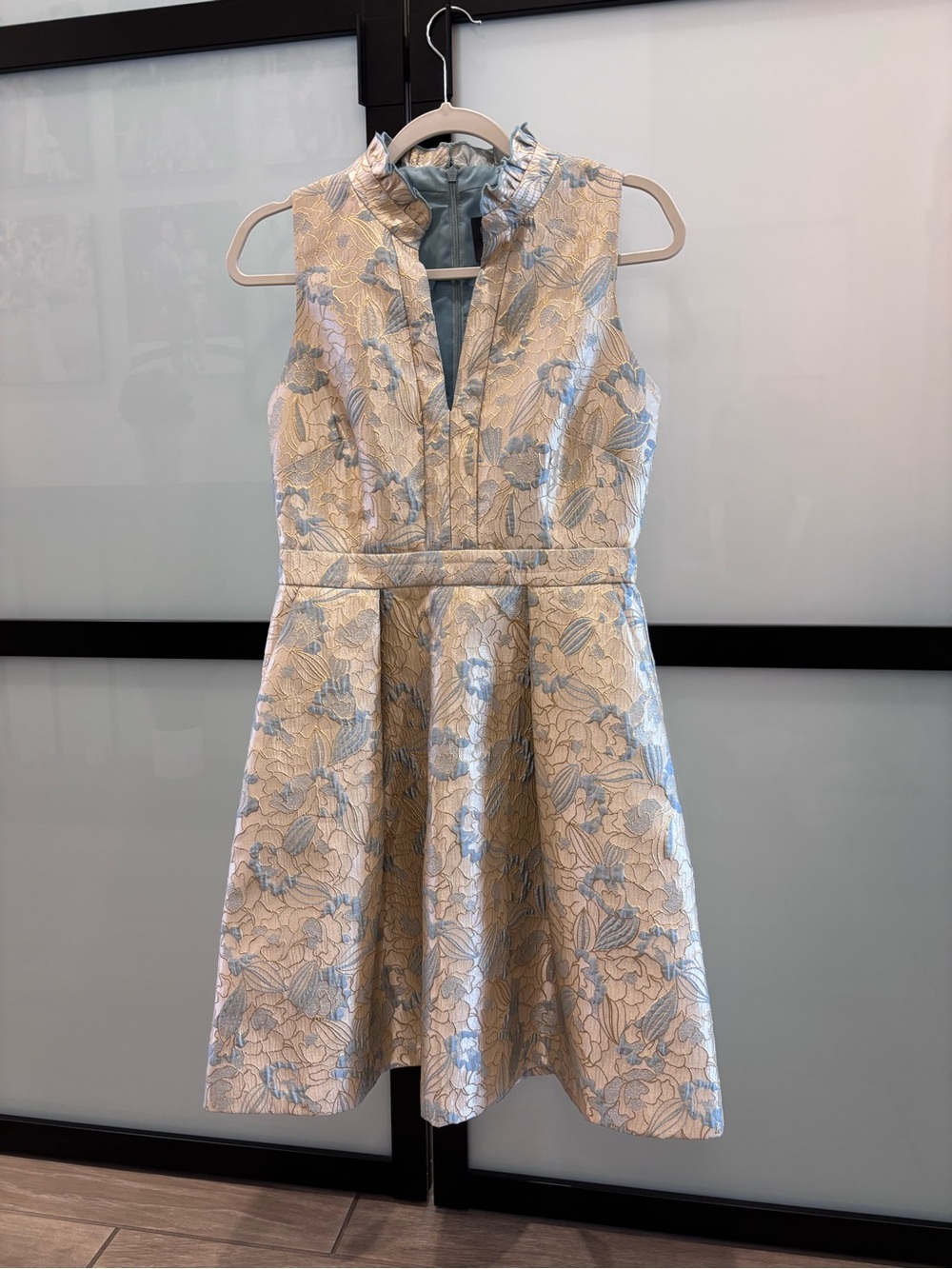 Vince Camuto Blue and Cream Floral Jacquard Midi Dress
